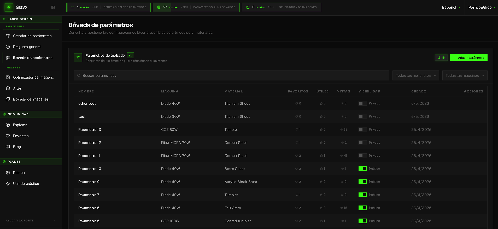 Gravo parameter library — save and organize your best laser engraving settings by material