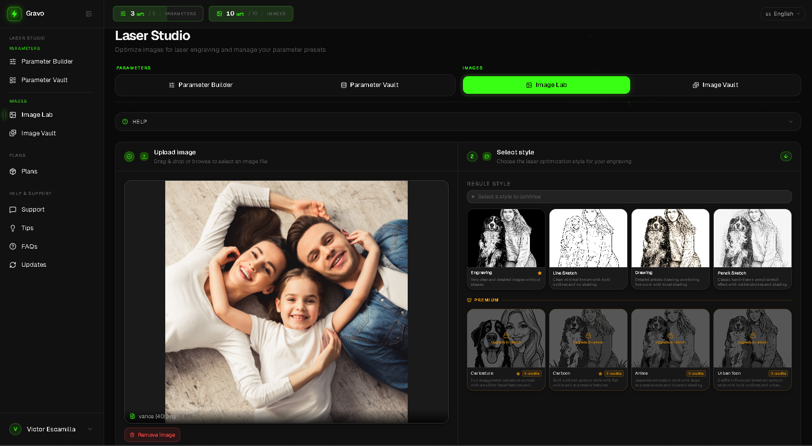 Gravo image style conversion — sketch, artistic engraving, deep black and white for laser output