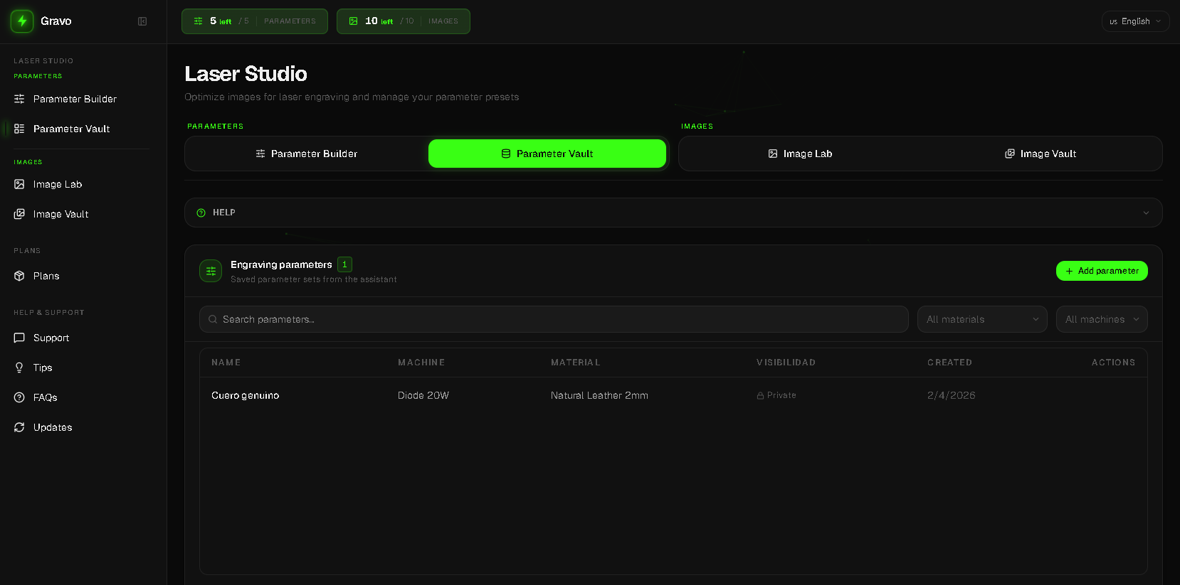 Gravo parameter history — browse and reuse all your generated laser engraving settings