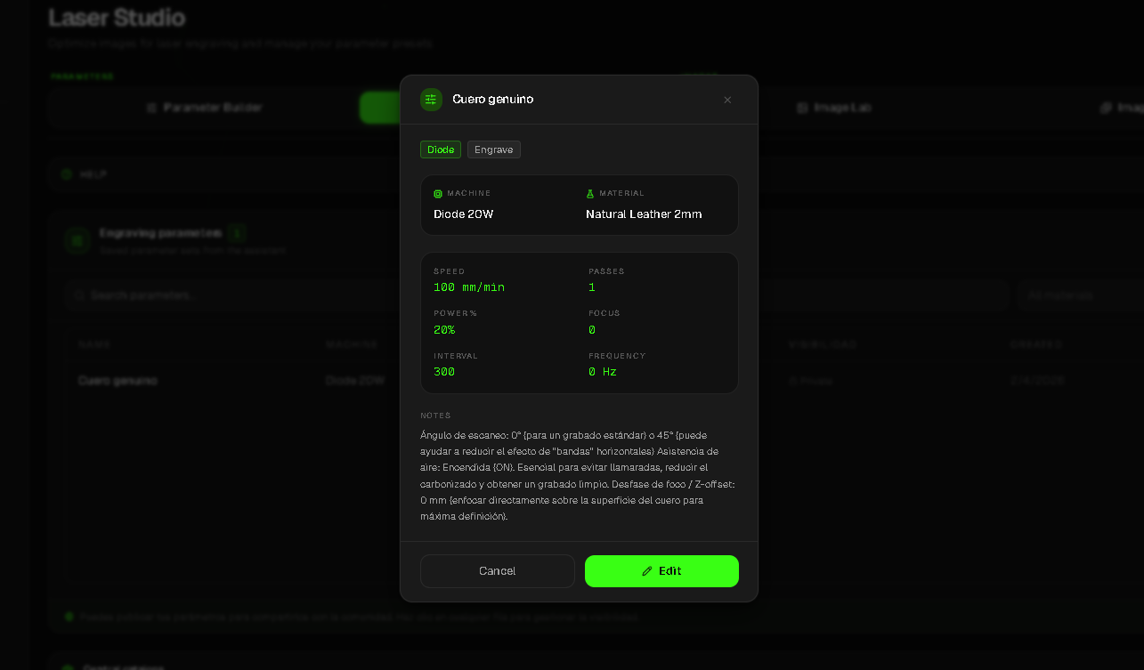 Gravo parameter vault — save your best laser engraving settings with name, material and notes